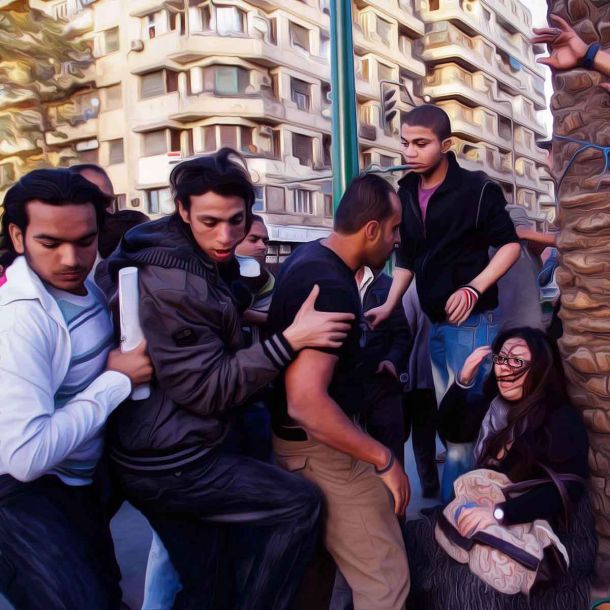 Taharrush meaning ‘collective harassment’ where women are openly raped by a large crowd of men