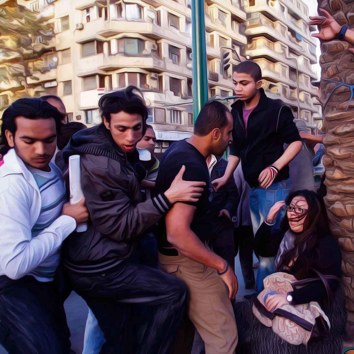 Taharrush meaning ‘collective harassment’ where women are openly raped by a large crowd of men